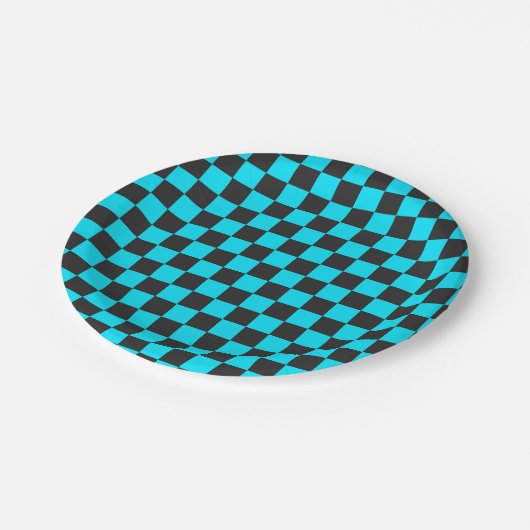 Cyan and charcoal checkerboard pattern pappteller (Schrägansicht)