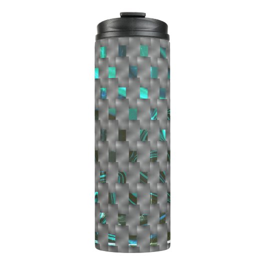 Cyan-Bild unter grauen Tellern, rechteckige Formen Thermosbecher (Vorderseite)