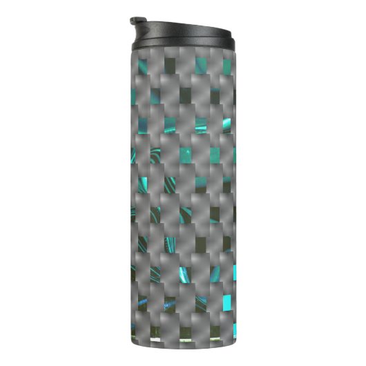 Cyan-Bild unter grauen Tellern, rechteckige Formen Thermosbecher (Nach rechts gedreht)