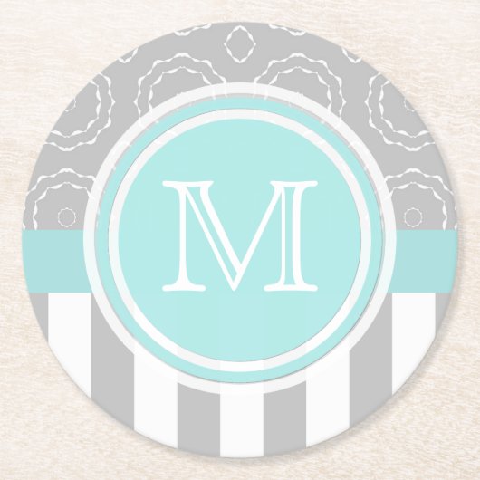 Cyan-blauer, grauer und weißer Motiv Sriped Runder Pappuntersetzer (Vorderseite)