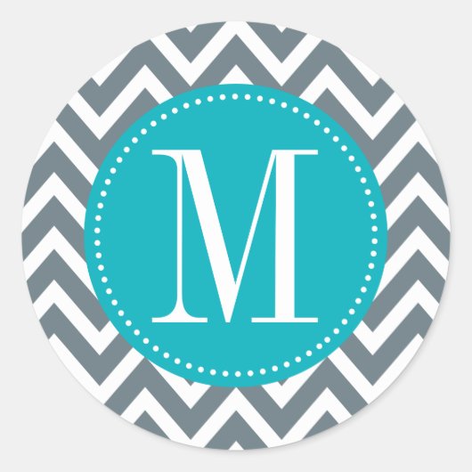 Cyan Blue and Grau Zickzack Custom Monogram Runder Aufkleber (Vorderseite)