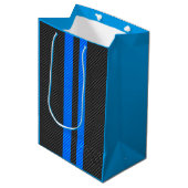 Cyan Blue Carbon Fibre Racing Stripes Mittlere Geschenktüte (Vorderseite Schrägansicht)