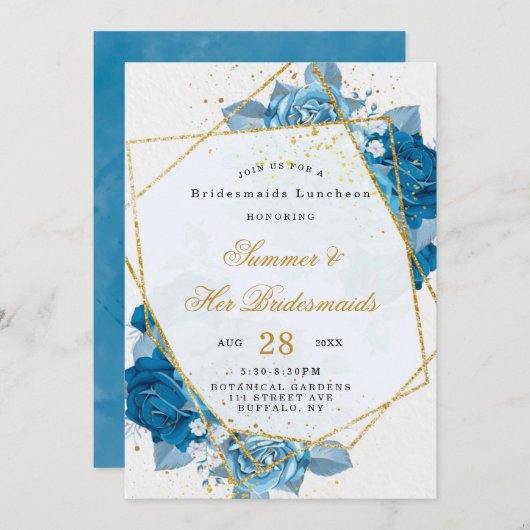 Cyan Blue Floral Geometric Bridesmaids Luncheon Einladung (Vorne/Hinten)