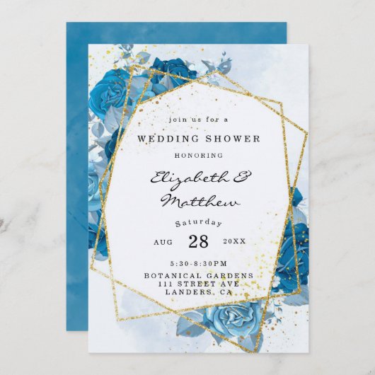 Cyan Blue Florals Gold Geometric Polterabend Einladung (Vorne/Hinten)