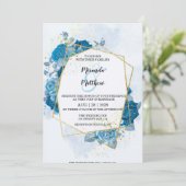 Cyan Blue Florals Gold Geometric Wedding Einladung (Stehend Vorderseite)