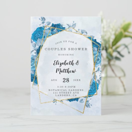 Cyan Blue Gold Geometric Couples Dusche Einladung (Stehend Vorderseite)