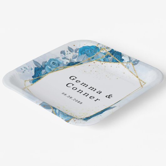 Cyan Blue Rustic Geometric Floral Wedding Pappteller (Gewinkelt)