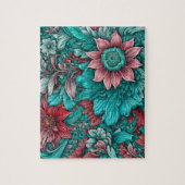 Cyan-Blume Surreale Blüten in Rot und Blau Puzzle (Vertikal)