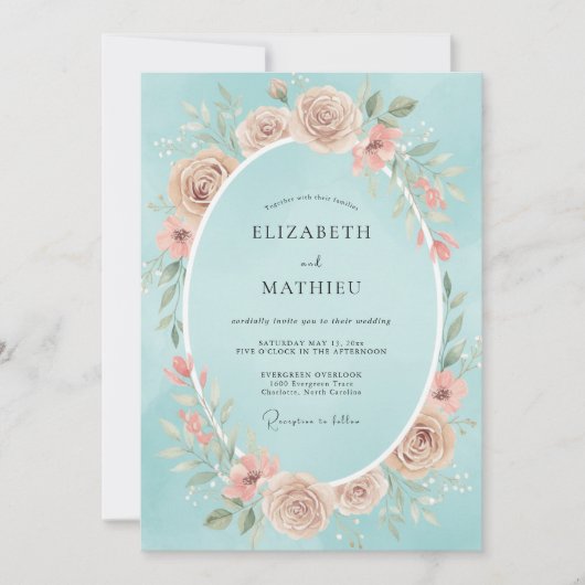 Cyan Blush Blossom Hochzeit Einladung (Vorderseite)