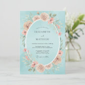 Cyan Blush Blossom Hochzeit Einladung (Stehend Vorderseite)