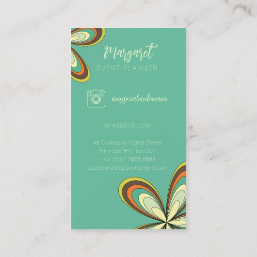 Cyan Daisy Eventplaner Groovy 70er Hippie Blume Visitenkarte (Rückseite)