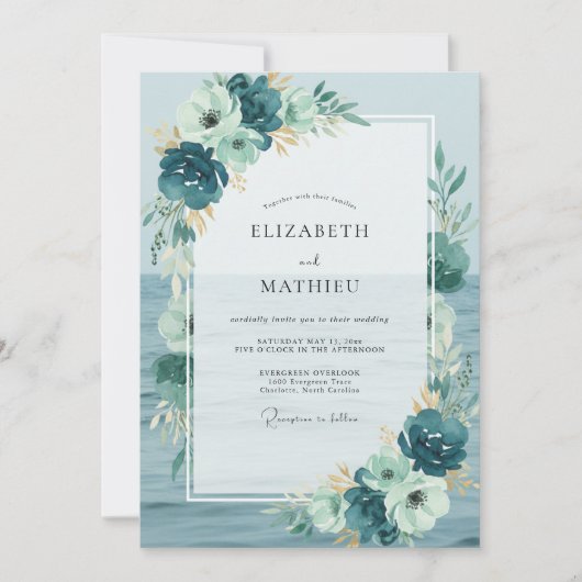 Cyan Gemalte Blatt Hochzeit Einladung (Vorderseite)