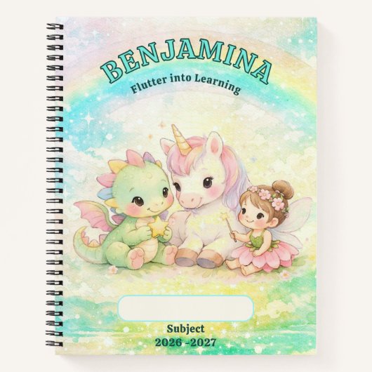 Cyan Gold Einhorn Fee Drache Regenbogen Schule Notizblock (Vorderseite)