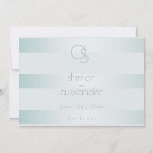 Cyan Green Shimmery Stripes Monogram Save The Date (Vorderseite)