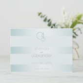 Cyan Green Shimmery Stripes Monogram Save The Date (Stehend Vorderseite)
