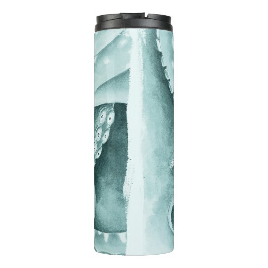 Cyan Green Tentacles Monochrom Thermosbecher (Rückseite)