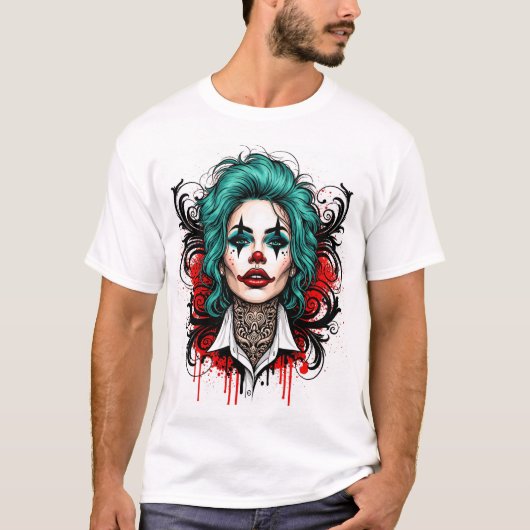 Cyan Haired Clown Queen - Spooky Chic Graphic T-Shirt (Vorderseite)