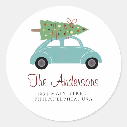 Cyan Holiday Car mit Weihnachtsbaumadresse Runder Aufkleber (Vorderseite)