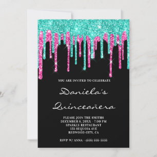 Cyan Hot Pink Glitter-Tropfen Schwarze Quinceañera Einladung