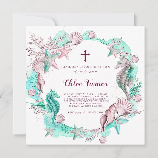 Cyan & Lavender unter der Taufe des Meeres Einladung (Vorderseite)