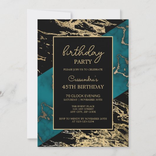 Cyan Marble Shiny Gold Foil Paint Texture Geburtst Einladung (Vorderseite)