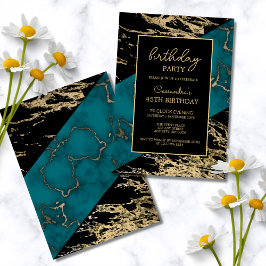 Cyan Marble Shiny Gold Foil Paint Texture Geburtst Einladung