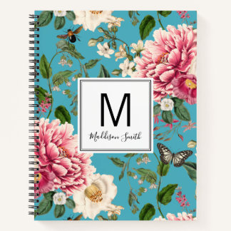 Cyan Mit Monogramm Country Garden Blumenmuster Notizblock