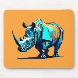 Cyan Orange Pixel Art Rhino Retro Gamer Mousepad