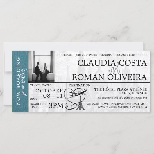 Cyan Paris Wedding Boarding Pass Einladung (Vorderseite)