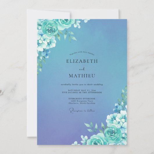 Cyan Periwinkle Blütenhochzeit Einladung (Vorderseite)