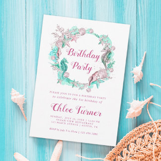 Cyan & Pink Pastel unter dem Meer Mädchen Geburtst Einladung