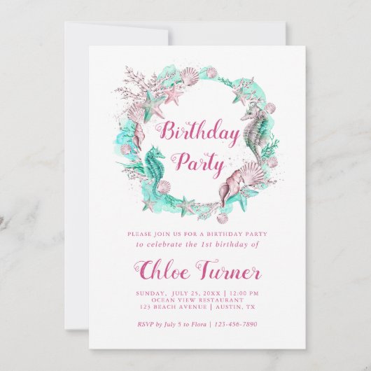 Cyan & Pink Pastel unter dem Meer Mädchen Geburtst Einladung (Vorderseite)