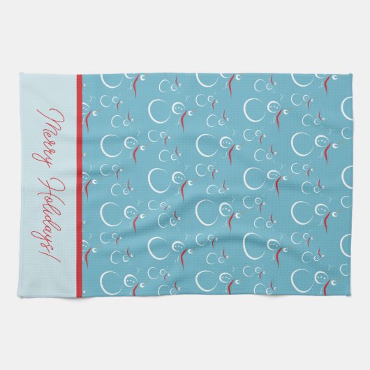 Cyan Red Merry Holidays Niedlich Snowman Pattern Geschirrtuch (Horizontal)