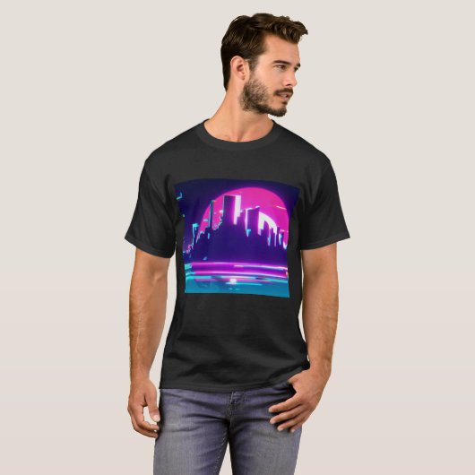 Cyan-Synthwave-Stadt T-Shirt (Vorne ganz)