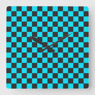 Cyan- und Holzkohle-Schachbrettmuster Quadratische Wanduhr