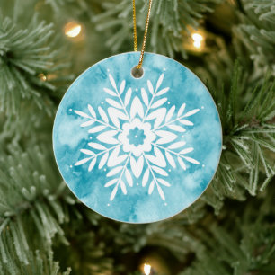 Cyan Watercolor Snowflake Keramik Ornament