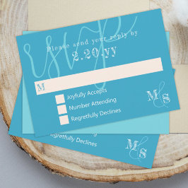 Cyan White Calligraphy Wedding RSVP Card Karte