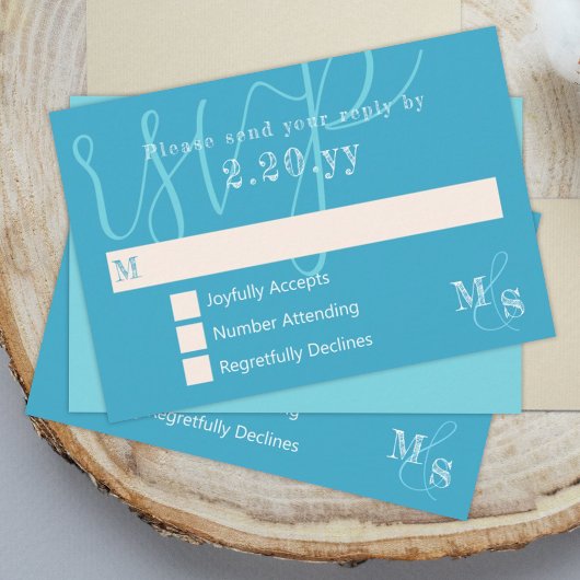 Cyan White Calligraphy Wedding RSVP Card Karte