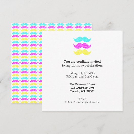 Cyan Yellow Magenta Mustaches (Letterpress style) Einladung (Vorne/Hinten)