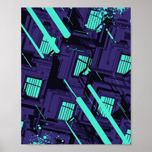 cyanfarbene Fenster über einem digitalen Raster Poster (Vorne)