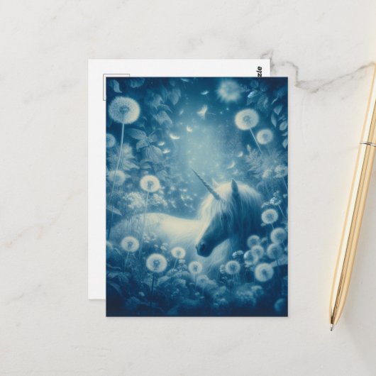 Cyanotype Dandelion Unicorn Dreams Postkarte (Vorderseite/Rückseite Beispiel)