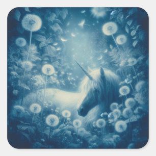 Cyanotype Dandelion Unicorn Dreams Quadratischer Aufkleber