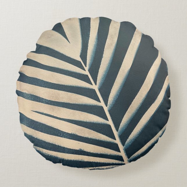 Cyanotype Palm Pillow - Round Rundes Kissen (Vorderseite)