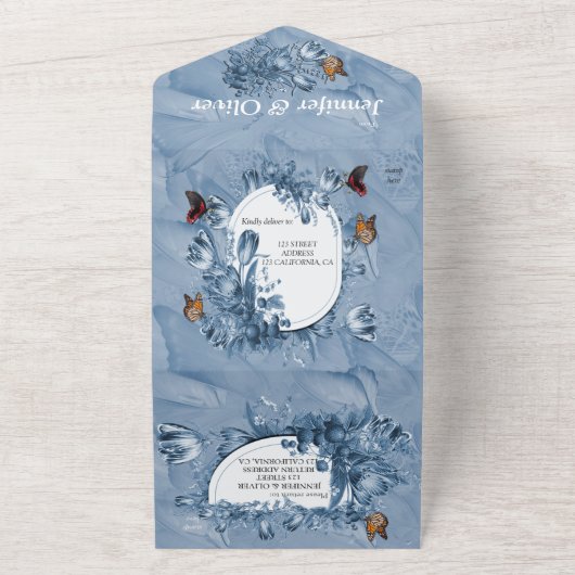 Cyanotypische Blume mit besichtigten Schmetterling All In One Einladung