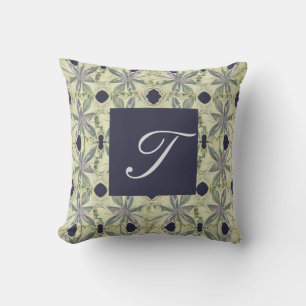Cyanus-Blume Handgezeichnet w-Navy-Monogramm Kissen