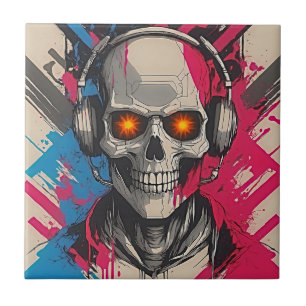Cyber-2K-Städtischer Schädel mit Kopfhörern Fliese