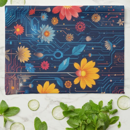 Cyber Blueish Bloom Geschirrtuch (Gefaltet)