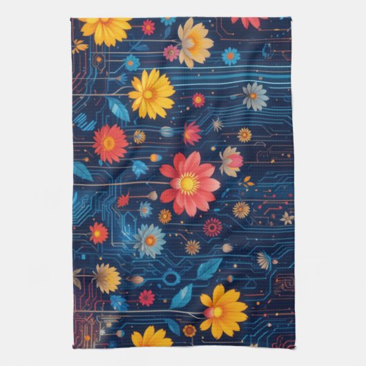 Cyber Blueish Bloom Geschirrtuch (Vertikal)