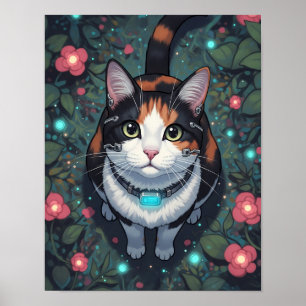 Cyber Cat Bloom   Floral Cybernetic Feline Poster