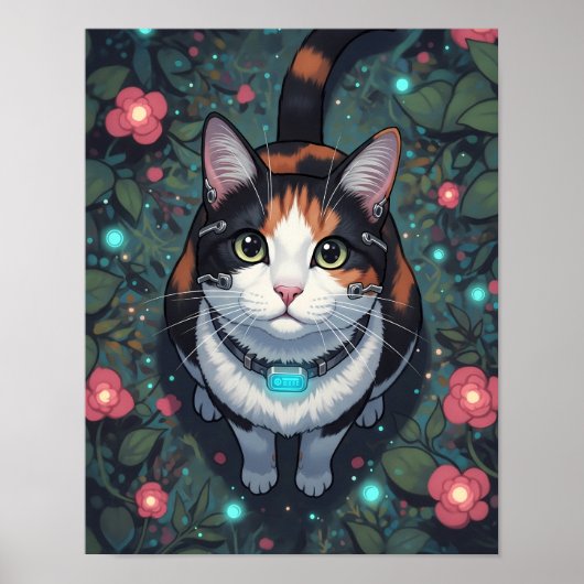 Cyber Cat Bloom | Floral Cybernetic Feline Poster (Vorne)